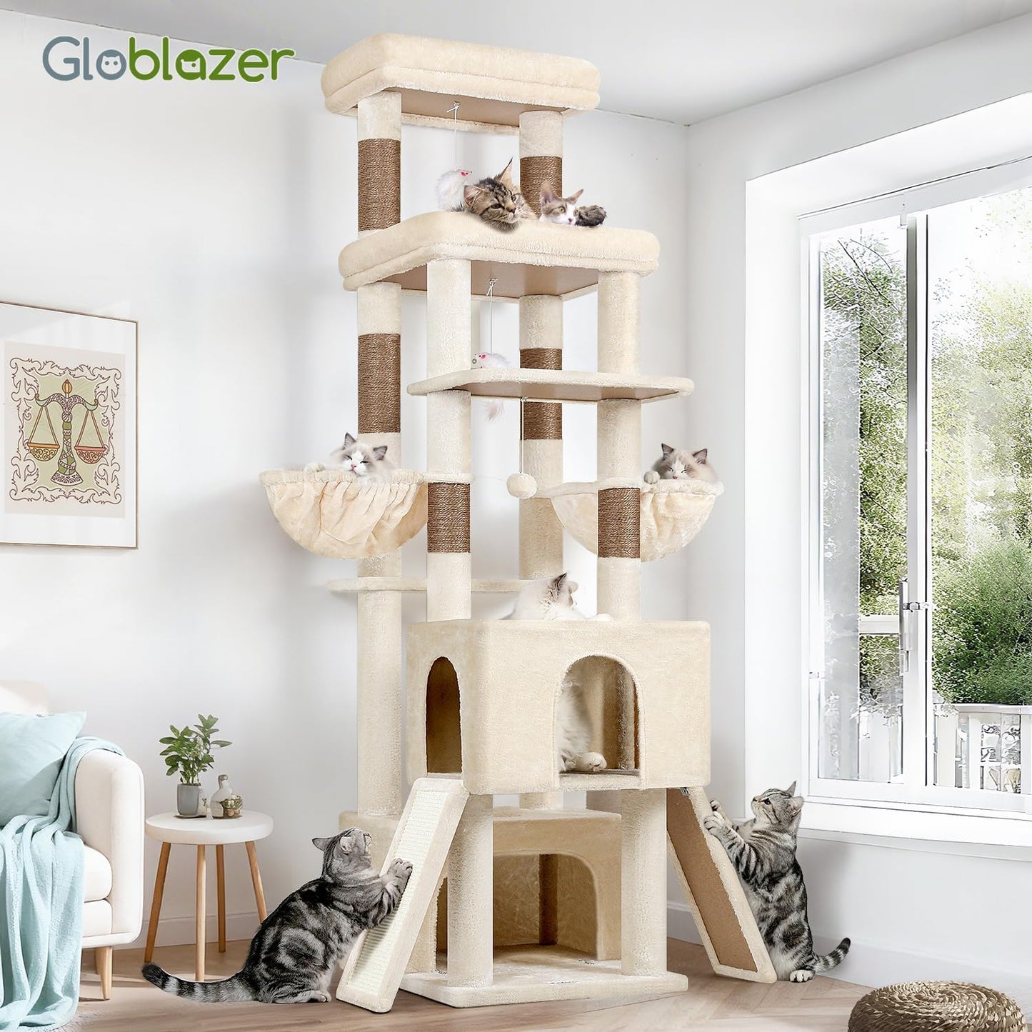 Heavy Duty Cat Tree 78 inch Sturdy Cactus Cat Tower for 20lbs Large Adult Cats, Symmetrical Aesthetic Big Cactus Cat Tree with Extra Large Platform, 2 Scratching Boards, Z78, Green