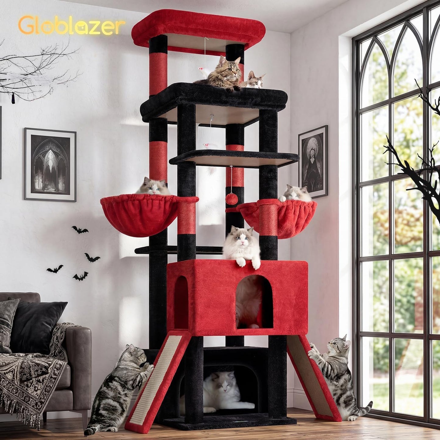 Heavy Duty Cat Tree 78 inch Sturdy Cactus Cat Tower for 20lbs Large Adult Cats, Symmetrical Aesthetic Big Cactus Cat Tree with Extra Large Platform, 2 Scratching Boards, Z78, Green