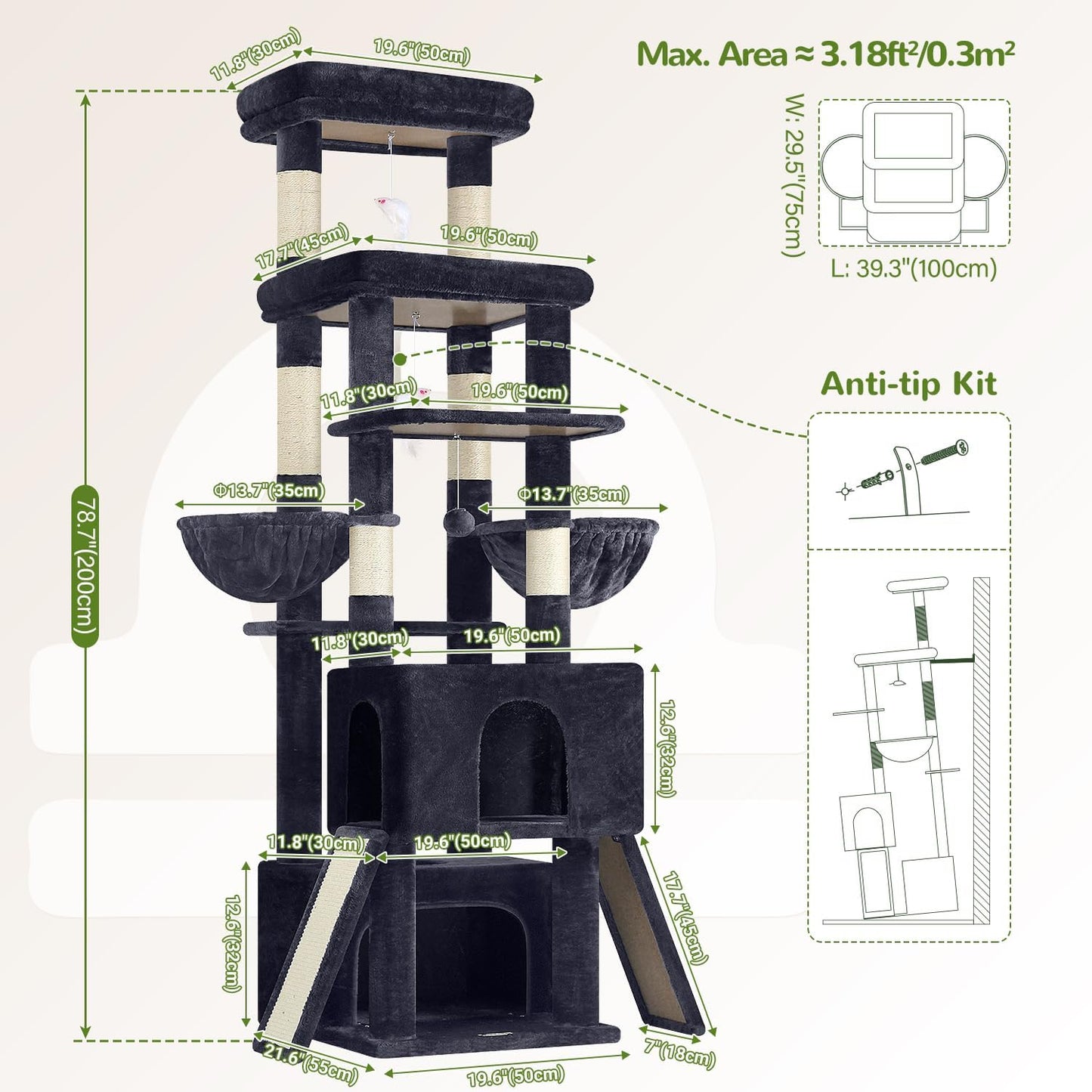 Heavy Duty Cat Tree 78 inch Sturdy Cactus Cat Tower for 20lbs Large Adult Cats, Symmetrical Aesthetic Big Cactus Cat Tree with Extra Large Platform, 2 Scratching Boards, Z78, Green