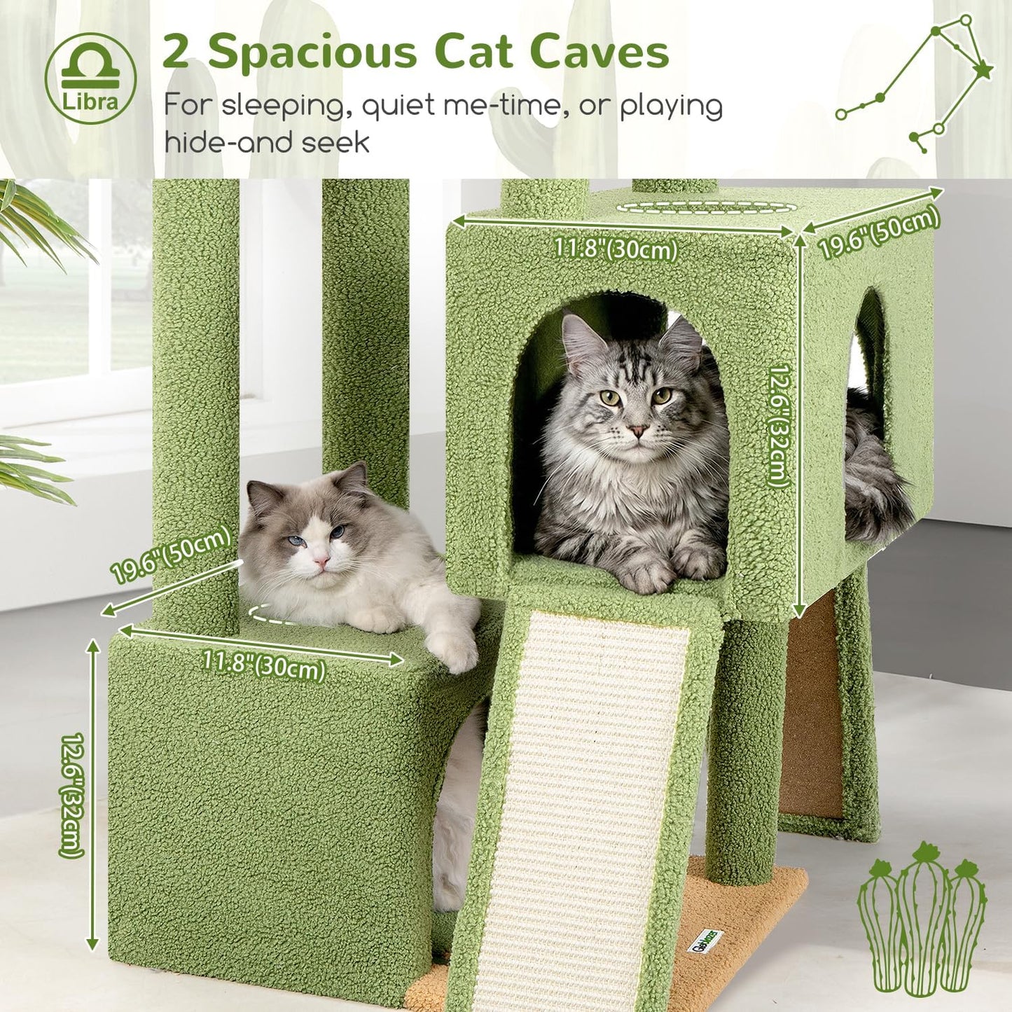 Heavy Duty Cat Tree 78 inch Sturdy Cactus Cat Tower for 20lbs Large Adult Cats, Symmetrical Aesthetic Big Cactus Cat Tree with Extra Large Platform, 2 Scratching Boards, Z78, Green