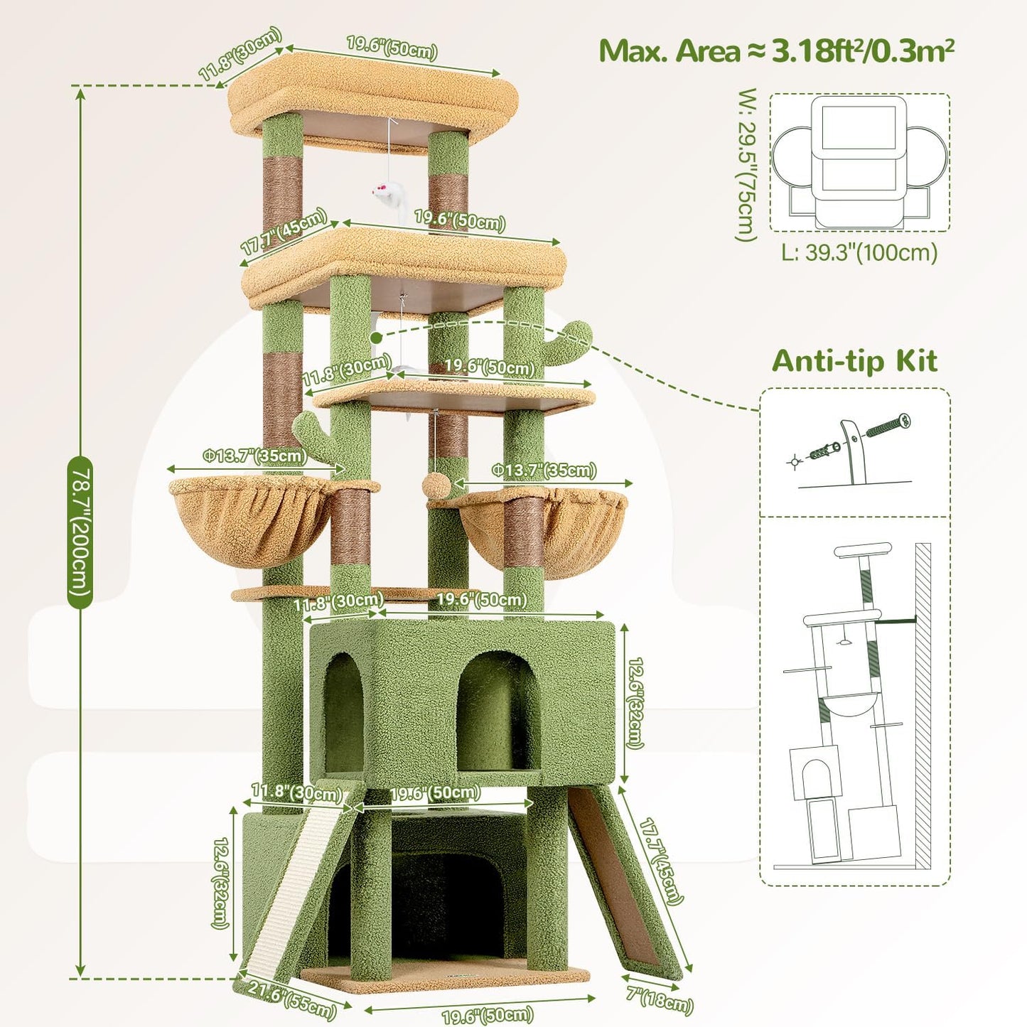 Heavy Duty Cat Tree 78 inch Sturdy Cactus Cat Tower for 20lbs Large Adult Cats, Symmetrical Aesthetic Big Cactus Cat Tree with Extra Large Platform, 2 Scratching Boards, Z78, Green