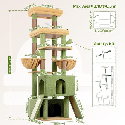 Heavy Duty Cat Tree 78 inch Sturdy Cactus Cat Tower for 20lbs Large Adult Cats, Symmetrical Aesthetic Big Cactus Cat Tree with Extra Large Platform, 2 Scratching Boards, Z78, Green