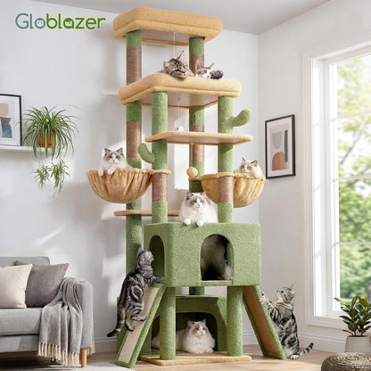 Heavy Duty Cat Tree 78 inch Sturdy Cactus Cat Tower for 20lbs Large Adult Cats, Symmetrical Aesthetic Big Cactus Cat Tree with Extra Large Platform, 2 Scratching Boards, Z78, Green