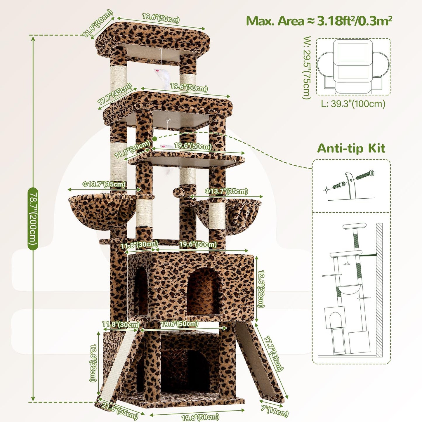 Heavy Duty Cat Tree 78 inch Sturdy Cactus Cat Tower for 20lbs Large Adult Cats, Symmetrical Aesthetic Big Cactus Cat Tree with Extra Large Platform, 2 Scratching Boards, Z78, Green