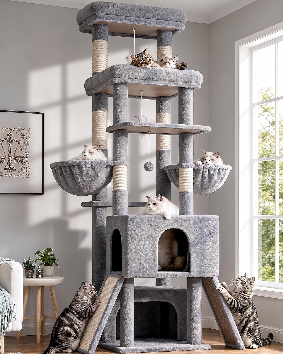 Heavy Duty Cat Tree 78 inch Sturdy Cactus Cat Tower for 20lbs Large Adult Cats, Symmetrical Aesthetic Big Cactus Cat Tree with Extra Large Platform, 2 Scratching Boards, Z78, Green