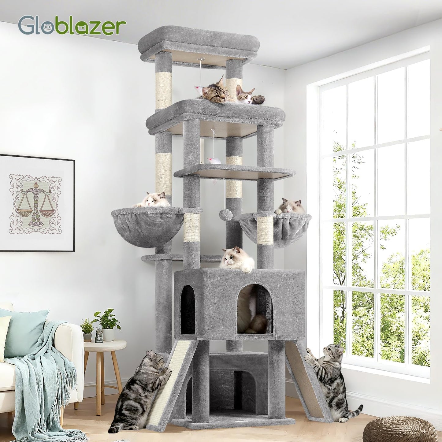 Heavy Duty Cat Tree 78 inch Sturdy Cactus Cat Tower for 20lbs Large Adult Cats, Symmetrical Aesthetic Big Cactus Cat Tree with Extra Large Platform, 2 Scratching Boards, Z78, Green