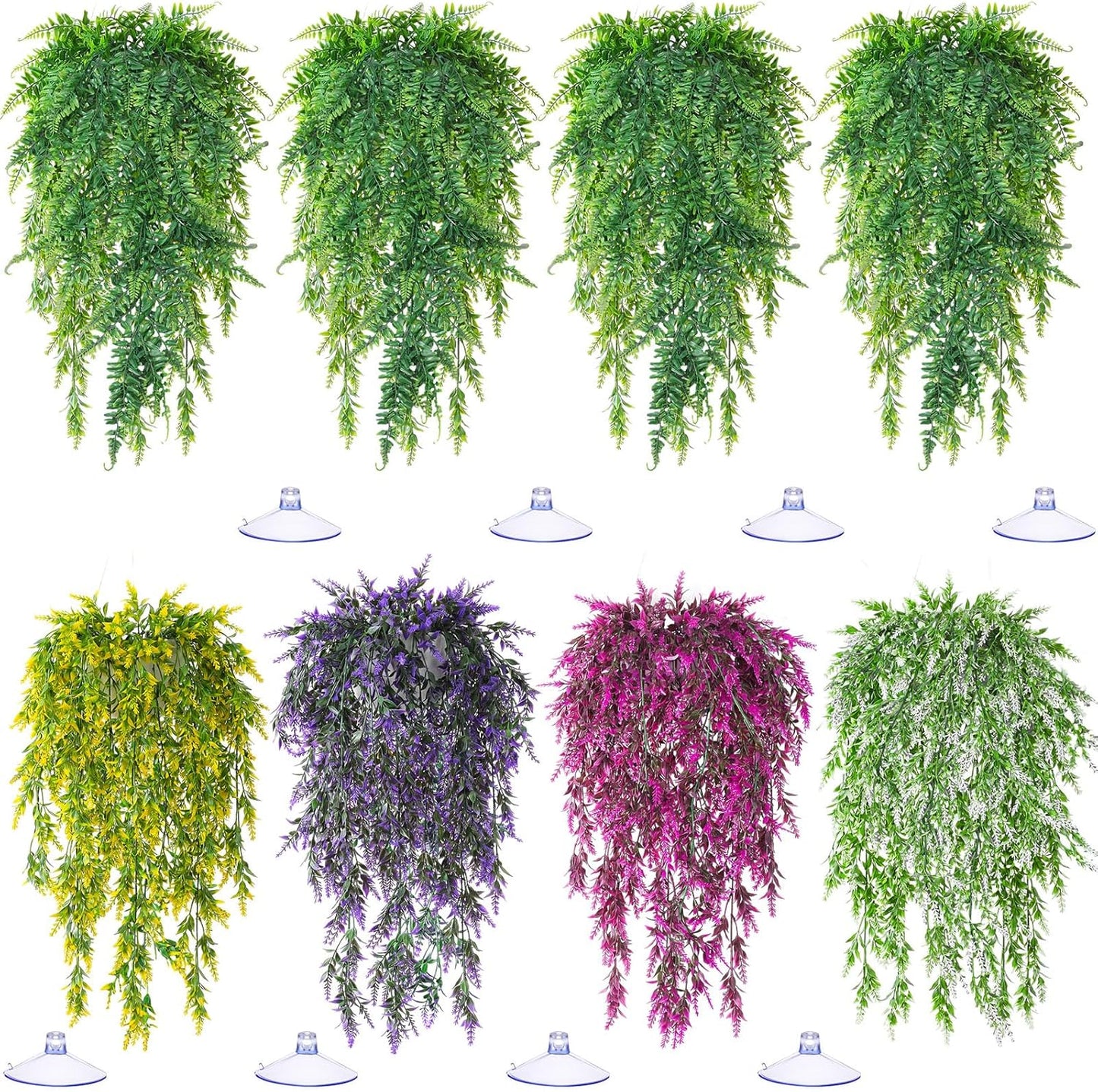 8 Pack Reptile Plants Terrarium Hanging Plant Vine Boston Climbing Terrarium Plant with Suction Cup for Bearded Dragons Lizard Crested Gecko Snake Crab Tank(Petite Leaf Series,Multiple Green)