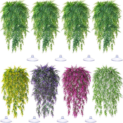8 Pack Reptile Plants Terrarium Hanging Plant Vine Boston Climbing Terrarium Plant with Suction Cup for Bearded Dragons Lizard Crested Gecko Snake Crab Tank(Petite Leaf Series,Multiple Green)