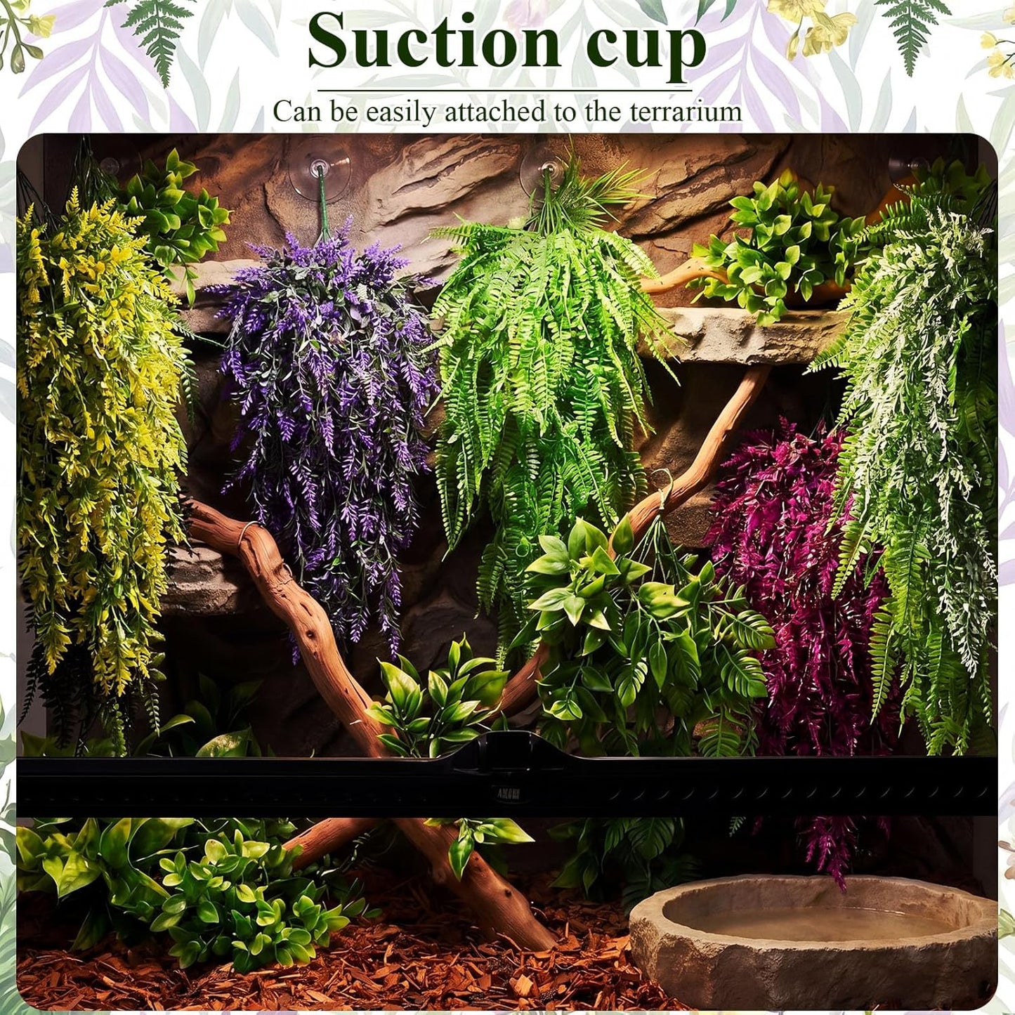 8 Pack Reptile Plants Terrarium Hanging Plant Vine Boston Climbing Terrarium Plant with Suction Cup for Bearded Dragons Lizard Crested Gecko Snake Crab Tank(Petite Leaf Series,Multiple Green)