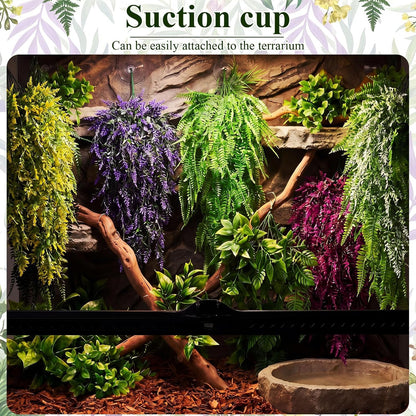 8 Pack Reptile Plants Terrarium Hanging Plant Vine Boston Climbing Terrarium Plant with Suction Cup for Bearded Dragons Lizard Crested Gecko Snake Crab Tank(Petite Leaf Series,Multiple Green)