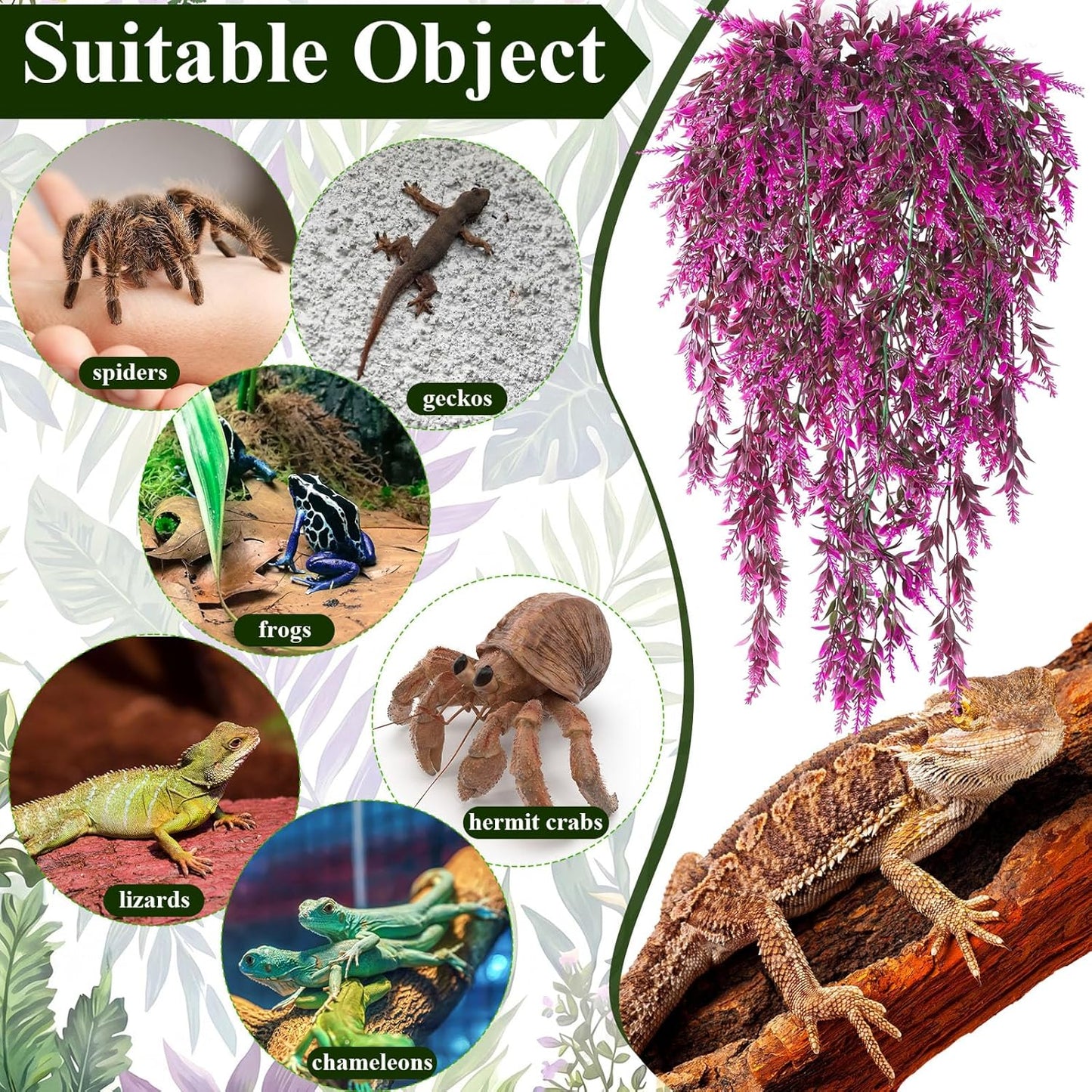 8 Pack Reptile Plants Terrarium Hanging Plant Vine Boston Climbing Terrarium Plant with Suction Cup for Bearded Dragons Lizard Crested Gecko Snake Crab Tank(Petite Leaf Series,Multiple Green)