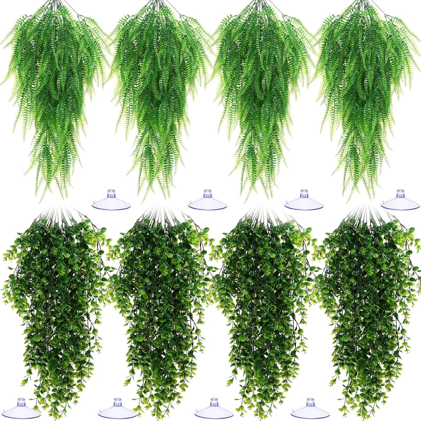 8 Pack Reptile Plants Terrarium Hanging Plant Vine Boston Climbing Terrarium Plant with Suction Cup for Bearded Dragons Lizard Crested Gecko Snake Crab Tank(Petite Leaf Series,Multiple Green)