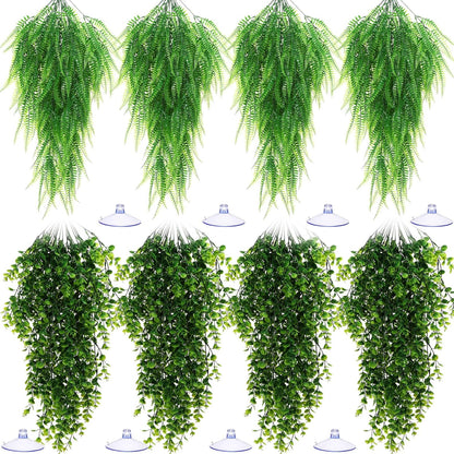 8 Pack Reptile Plants Terrarium Hanging Plant Vine Boston Climbing Terrarium Plant with Suction Cup for Bearded Dragons Lizard Crested Gecko Snake Crab Tank(Petite Leaf Series,Multiple Green)