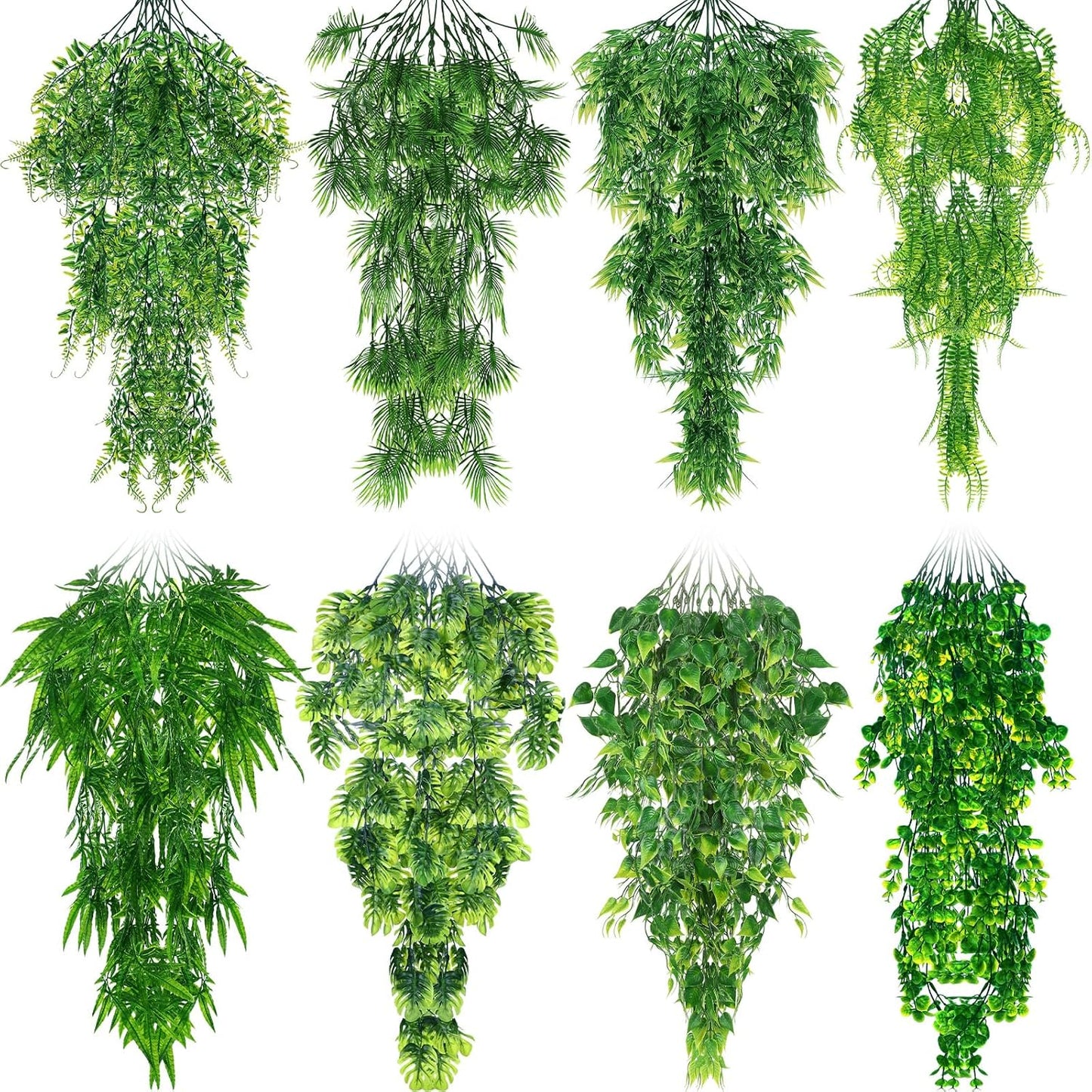 8 Pack Reptile Plants Terrarium Hanging Plant Vine Boston Climbing Terrarium Plant with Suction Cup for Bearded Dragons Lizard Crested Gecko Snake Crab Tank(Petite Leaf Series,Multiple Green)