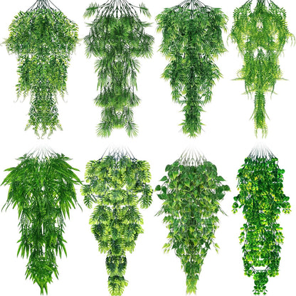 8 Pack Reptile Plants Terrarium Hanging Plant Vine Boston Climbing Terrarium Plant with Suction Cup for Bearded Dragons Lizard Crested Gecko Snake Crab Tank(Petite Leaf Series,Multiple Green)