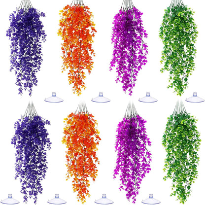8 Pack Reptile Plants Terrarium Hanging Plant Vine Boston Climbing Terrarium Plant with Suction Cup for Bearded Dragons Lizard Crested Gecko Snake Crab Tank(Petite Leaf Series,Multiple Green)