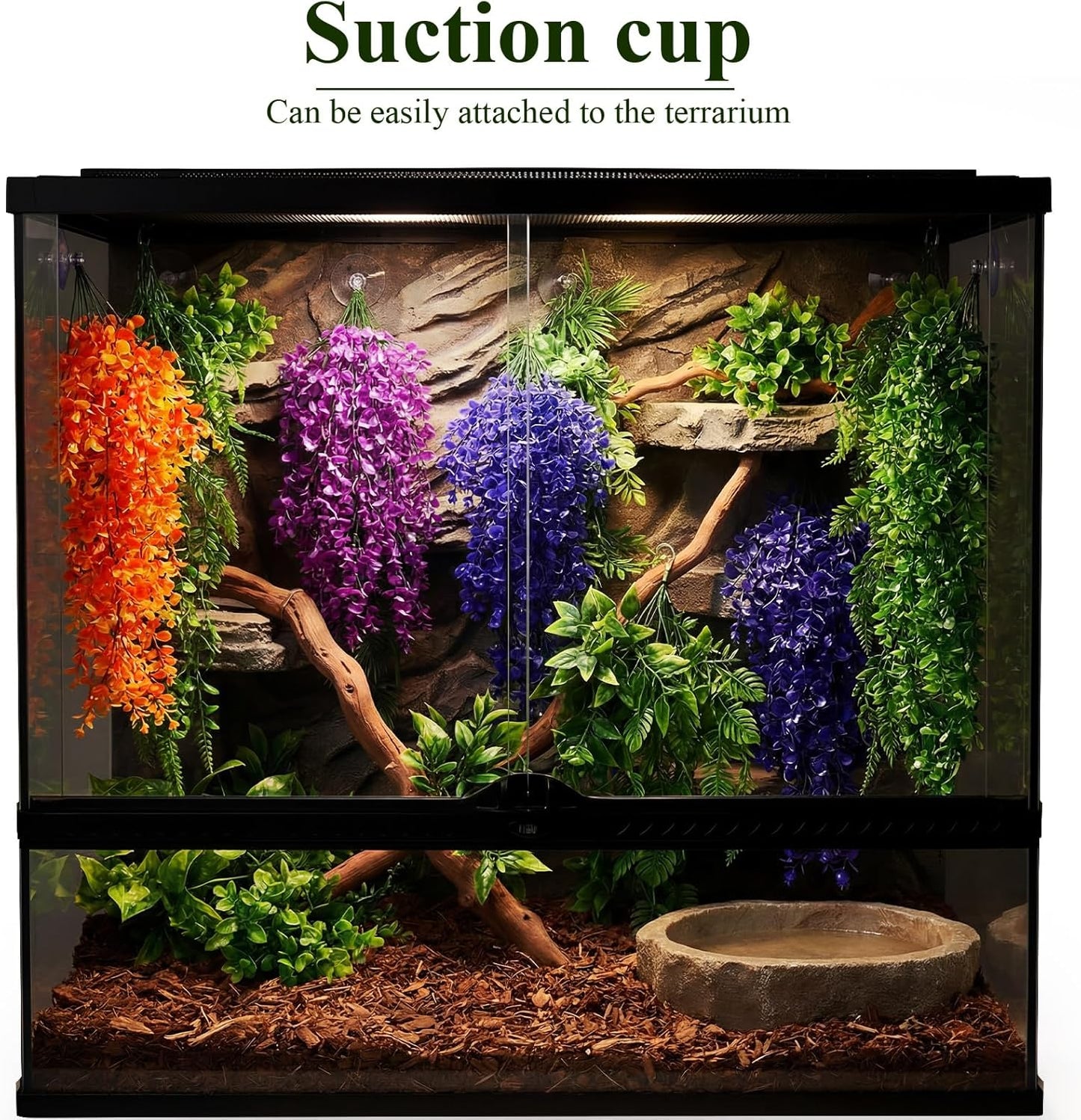 8 Pack Reptile Plants Terrarium Hanging Plant Vine Boston Climbing Terrarium Plant with Suction Cup for Bearded Dragons Lizard Crested Gecko Snake Crab Tank(Petite Leaf Series,Multiple Green)