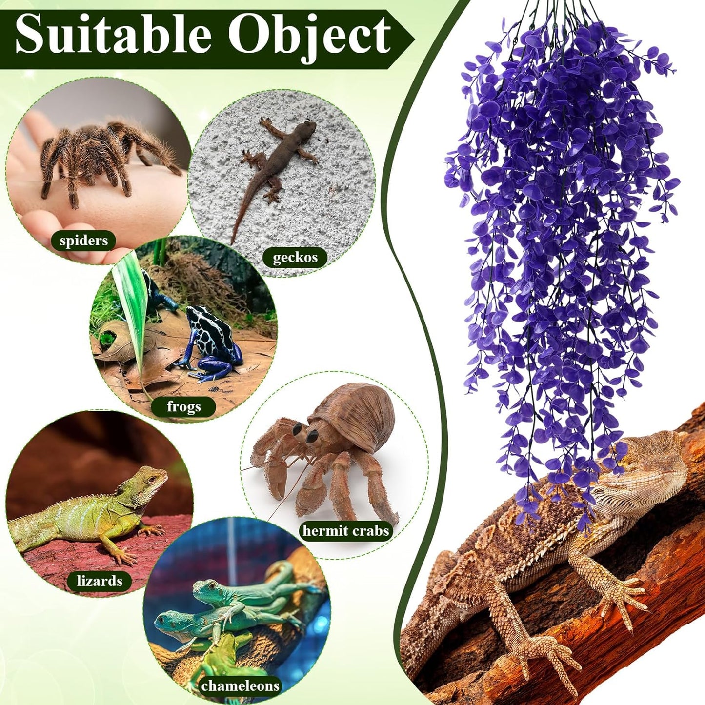 8 Pack Reptile Plants Terrarium Hanging Plant Vine Boston Climbing Terrarium Plant with Suction Cup for Bearded Dragons Lizard Crested Gecko Snake Crab Tank(Petite Leaf Series,Multiple Green)