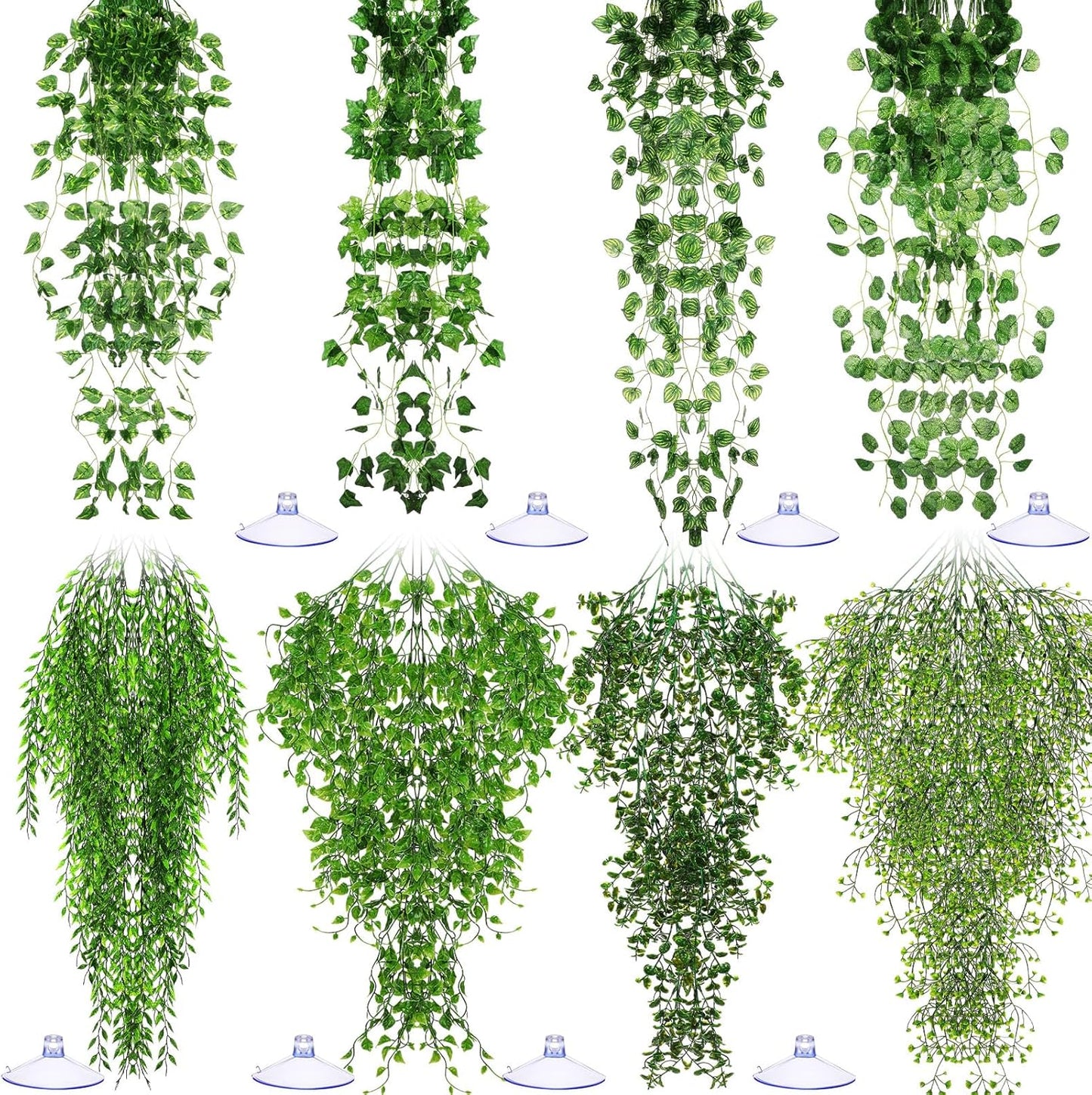 8 Pack Reptile Plants Terrarium Hanging Plant Vine Boston Climbing Terrarium Plant with Suction Cup for Bearded Dragons Lizard Crested Gecko Snake Crab Tank(Petite Leaf Series,Multiple Green)