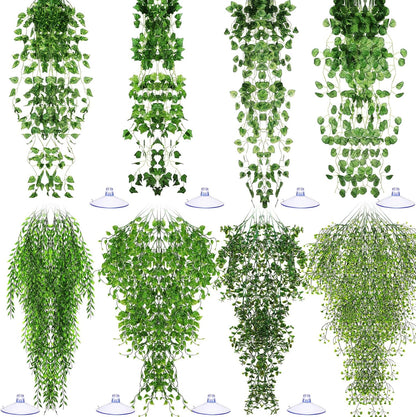 8 Pack Reptile Plants Terrarium Hanging Plant Vine Boston Climbing Terrarium Plant with Suction Cup for Bearded Dragons Lizard Crested Gecko Snake Crab Tank(Petite Leaf Series,Multiple Green)