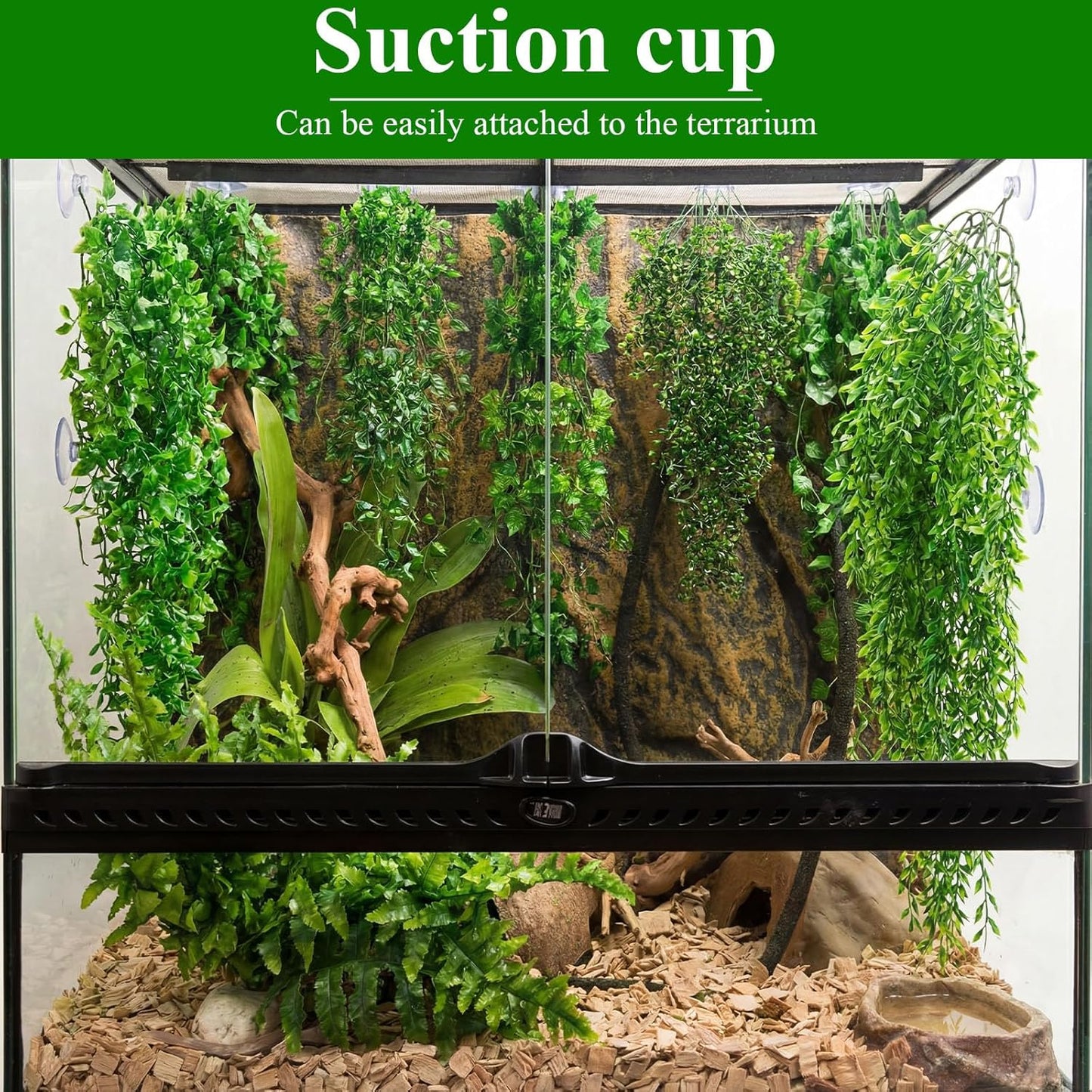8 Pack Reptile Plants Terrarium Hanging Plant Vine Boston Climbing Terrarium Plant with Suction Cup for Bearded Dragons Lizard Crested Gecko Snake Crab Tank(Petite Leaf Series,Multiple Green)