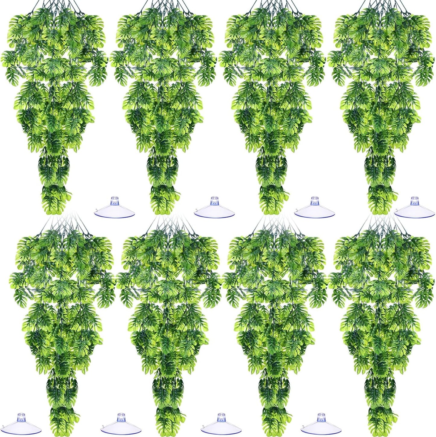 8 Pack Reptile Plants Terrarium Hanging Plant Vine Boston Climbing Terrarium Plant with Suction Cup for Bearded Dragons Lizard Crested Gecko Snake Crab Tank(Petite Leaf Series,Multiple Green)