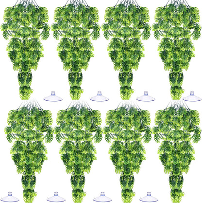 8 Pack Reptile Plants Terrarium Hanging Plant Vine Boston Climbing Terrarium Plant with Suction Cup for Bearded Dragons Lizard Crested Gecko Snake Crab Tank(Petite Leaf Series,Multiple Green)