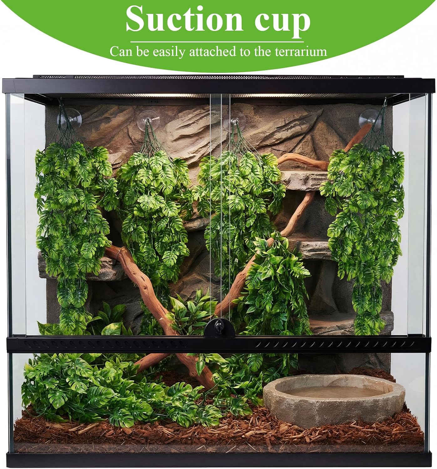 8 Pack Reptile Plants Terrarium Hanging Plant Vine Boston Climbing Terrarium Plant with Suction Cup for Bearded Dragons Lizard Crested Gecko Snake Crab Tank(Petite Leaf Series,Multiple Green)