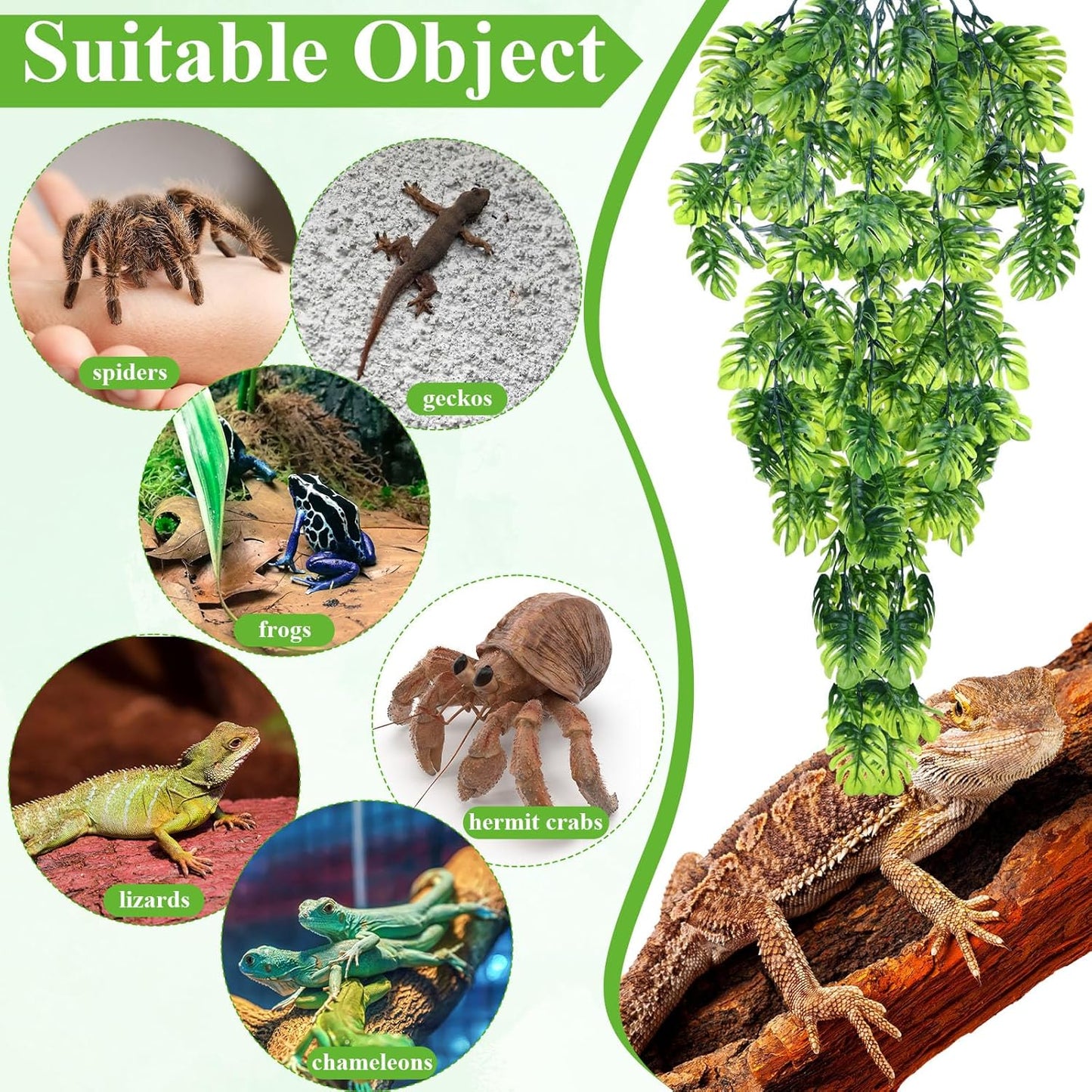 8 Pack Reptile Plants Terrarium Hanging Plant Vine Boston Climbing Terrarium Plant with Suction Cup for Bearded Dragons Lizard Crested Gecko Snake Crab Tank(Petite Leaf Series,Multiple Green)