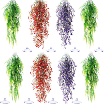 8 Pack Reptile Plants Terrarium Hanging Plant Vine Boston Climbing Terrarium Plant with Suction Cup for Bearded Dragons Lizard Crested Gecko Snake Crab Tank(Petite Leaf Series,Multiple Green)