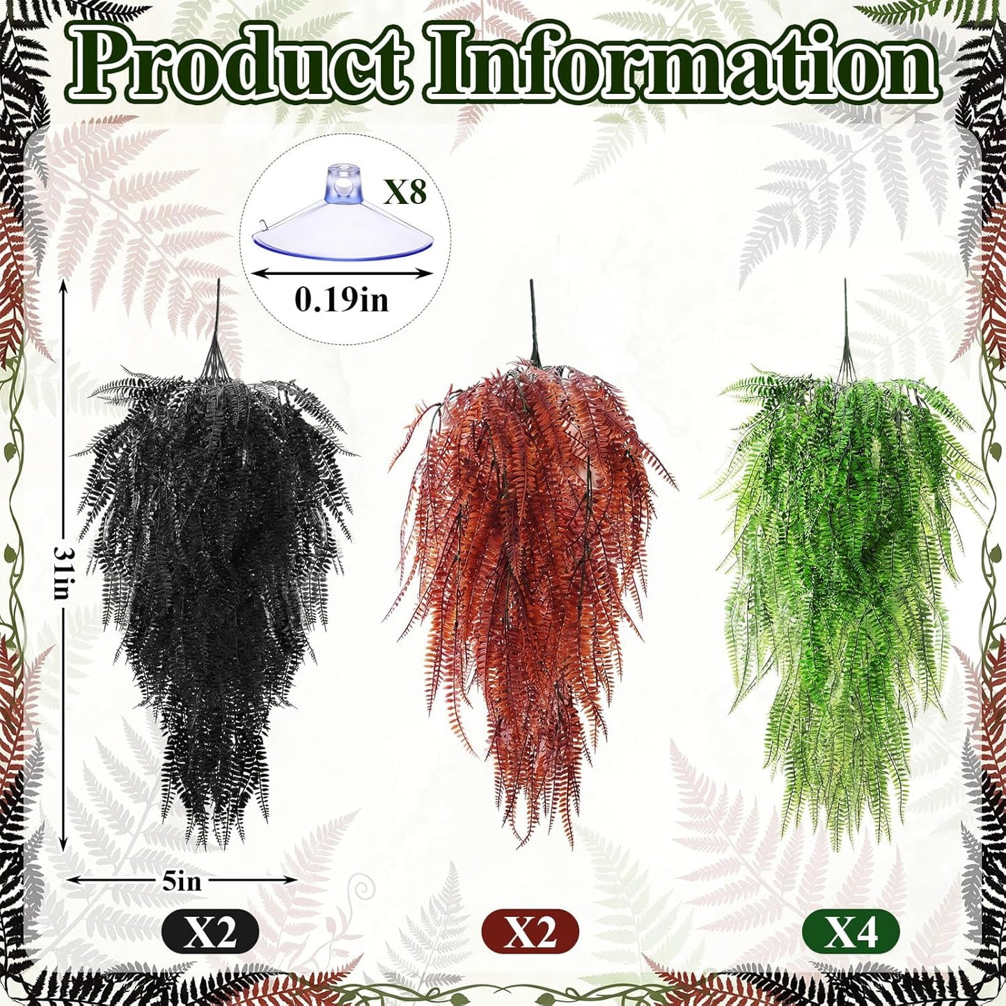 8 Pack Reptile Plants Terrarium Hanging Plant Vine Boston Climbing Terrarium Plant with Suction Cup for Bearded Dragons Lizard Crested Gecko Snake Crab Tank(Petite Leaf Series,Multiple Green)