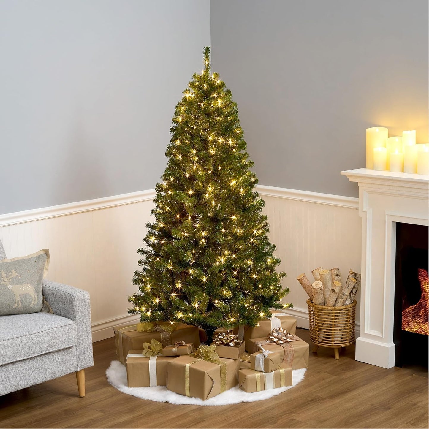 6ft Pre-Lit North Valley Spruce Christmas Tree | 300 Clear Lights, 800 Branch Tips, Includes Stand, Artificial, Green
