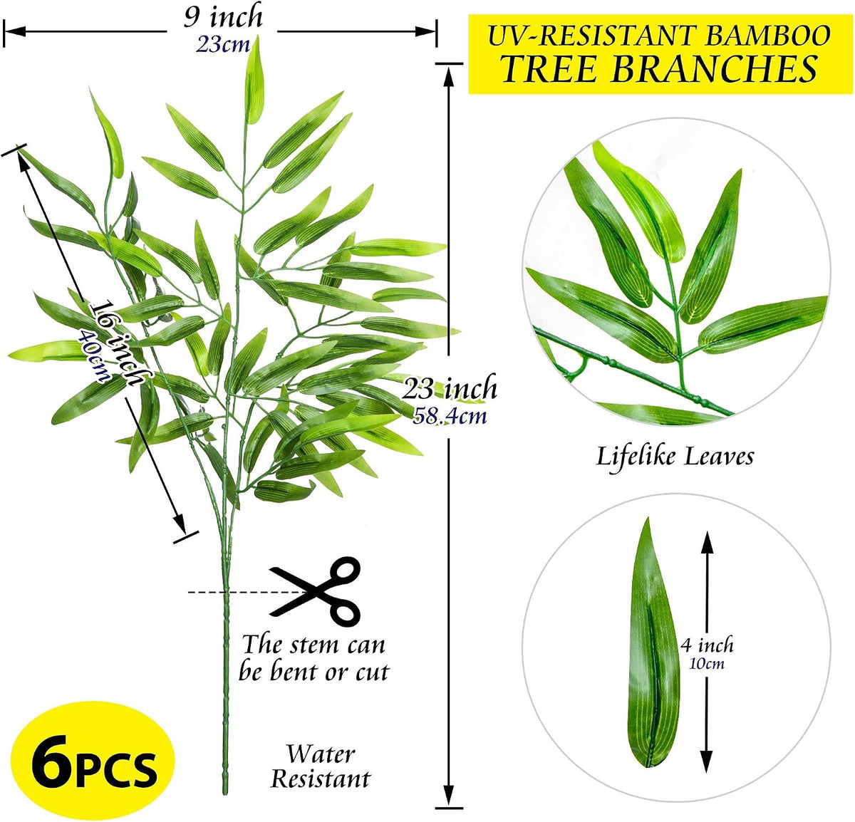 Bamboo Tree Branches 23” Long Stems Faux Greenery Artificial Plants Bulk Green Silk Leaves DIY Privacy Decoration Balcony Garden Outdoor Indoor Home Decor, 6pcs