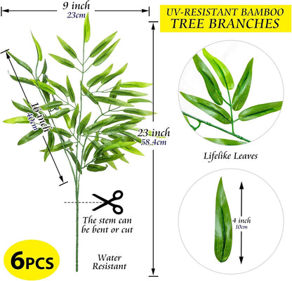 Bamboo Tree Branches 23” Long Stems Faux Greenery Artificial Plants Bulk Green Silk Leaves DIY Privacy Decoration Balcony Garden Outdoor Indoor Home Decor, 6pcs