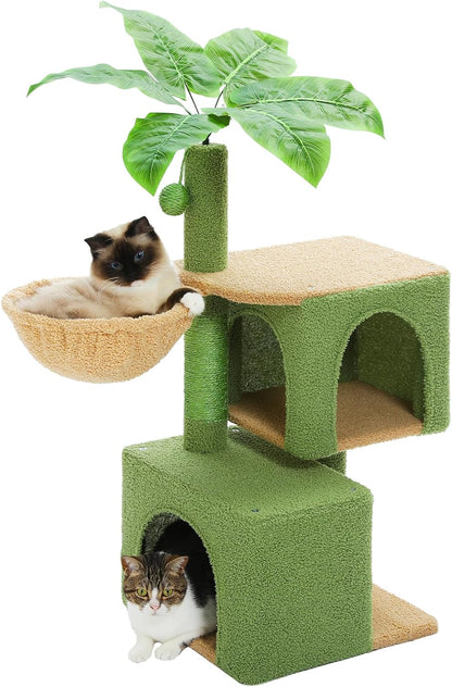 43'' Cat Tree for Indoor Cats,Cat Tower Climbing Tree with Cat Scratching Posts, 2 Big Condos and Deep Hammock,Activity Tree for Kittens, Green