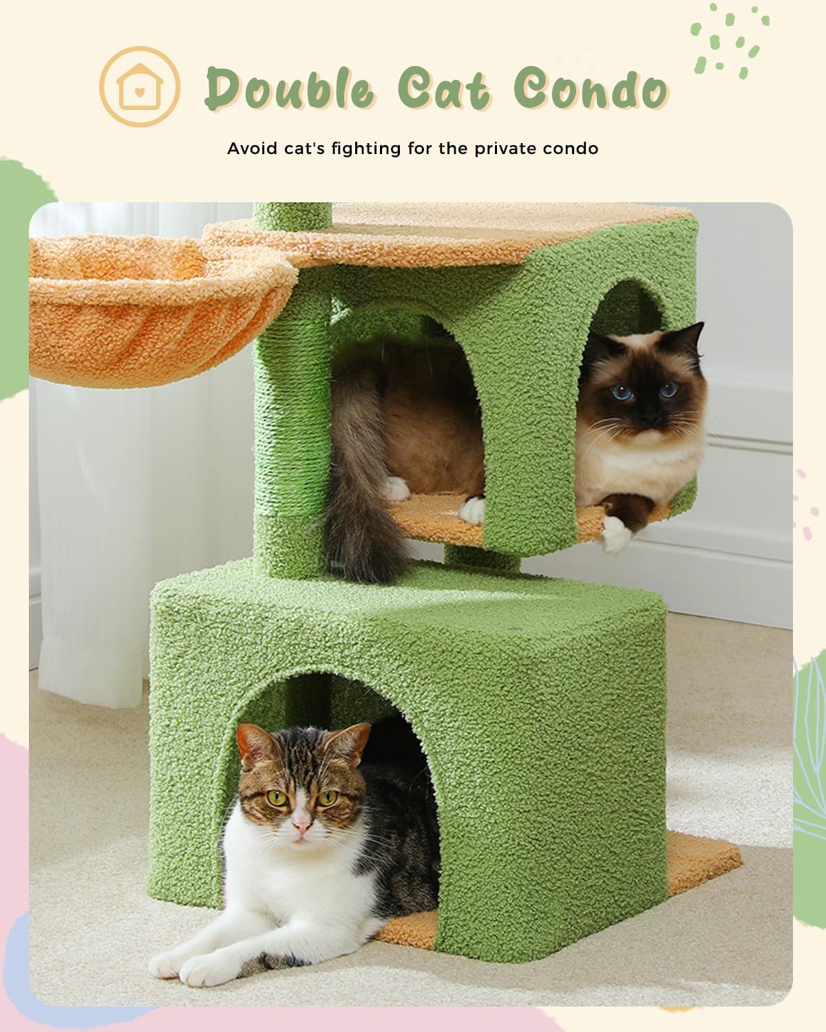 43'' Cat Tree for Indoor Cats,Cat Tower Climbing Tree with Cat Scratching Posts, 2 Big Condos and Deep Hammock,Activity Tree for Kittens, Green