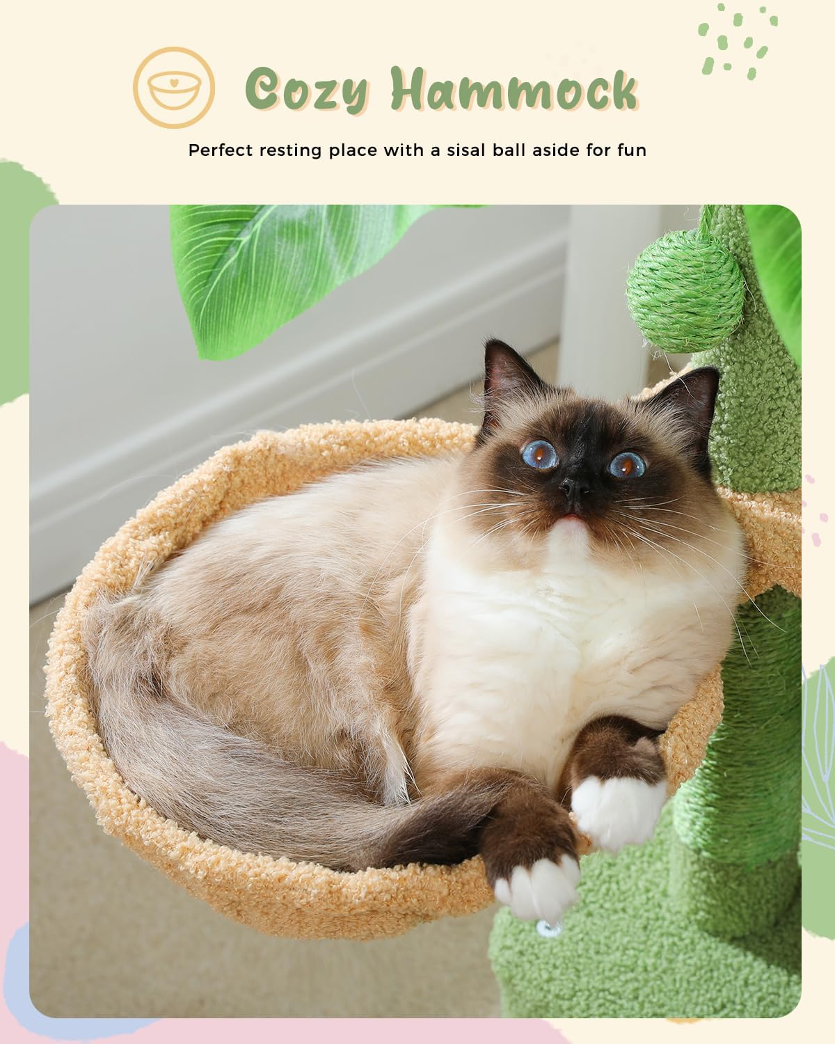 43'' Cat Tree for Indoor Cats,Cat Tower Climbing Tree with Cat Scratching Posts, 2 Big Condos and Deep Hammock,Activity Tree for Kittens, Green