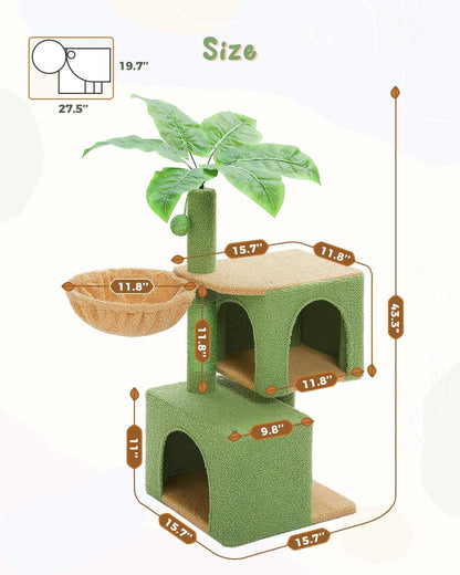 43'' Cat Tree for Indoor Cats,Cat Tower Climbing Tree with Cat Scratching Posts, 2 Big Condos and Deep Hammock,Activity Tree for Kittens, Green