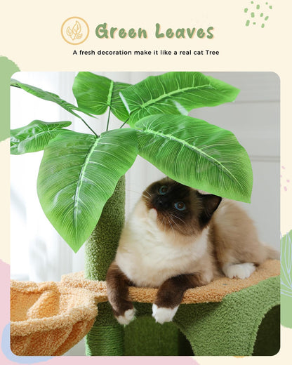 43'' Cat Tree for Indoor Cats,Cat Tower Climbing Tree with Cat Scratching Posts, 2 Big Condos and Deep Hammock,Activity Tree for Kittens, Green