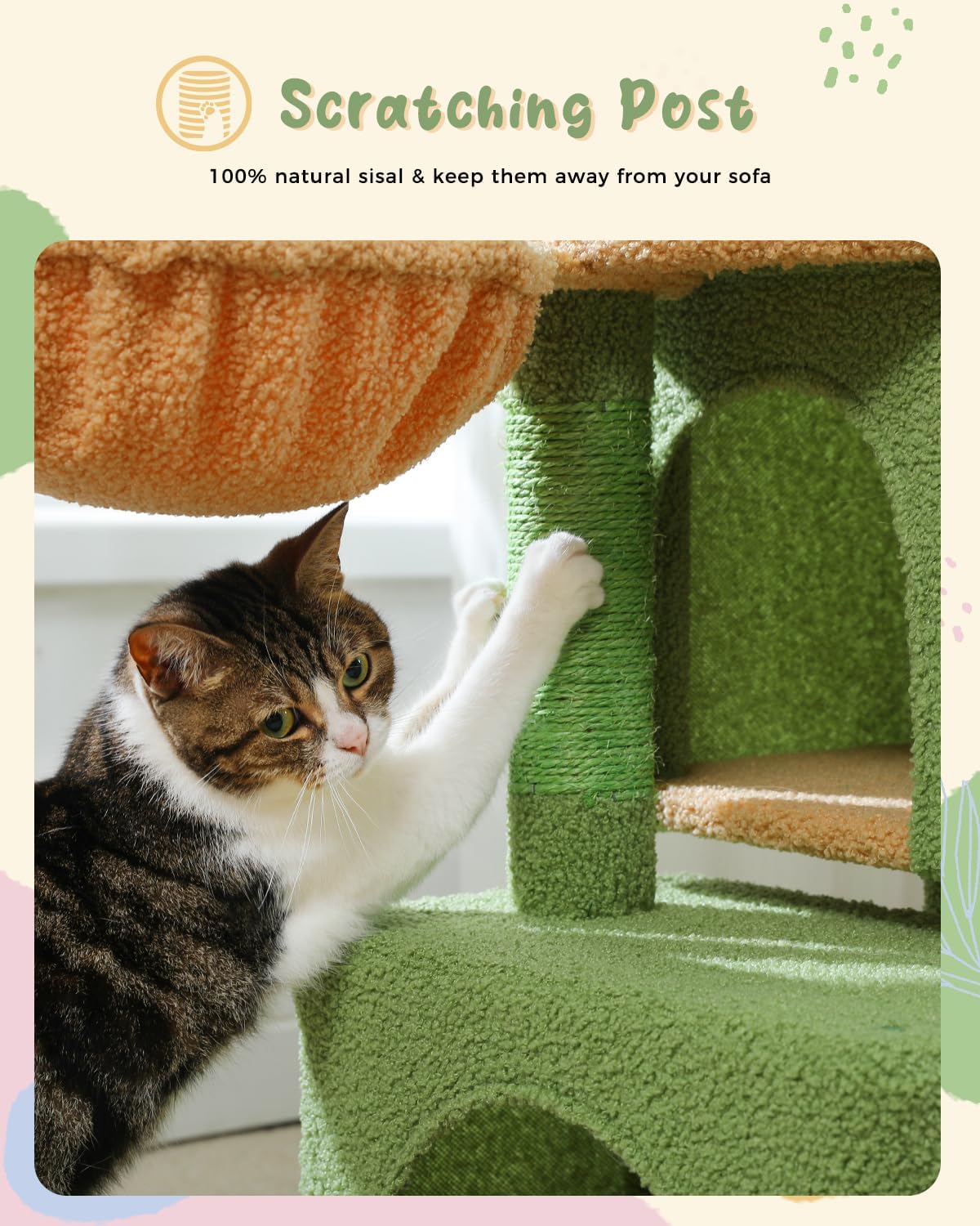 43'' Cat Tree for Indoor Cats,Cat Tower Climbing Tree with Cat Scratching Posts, 2 Big Condos and Deep Hammock,Activity Tree for Kittens, Green