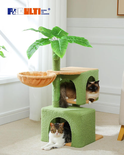 43'' Cat Tree for Indoor Cats,Cat Tower Climbing Tree with Cat Scratching Posts, 2 Big Condos and Deep Hammock,Activity Tree for Kittens, Green