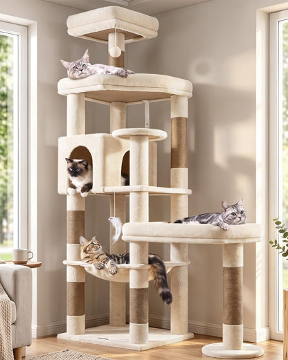 Extra Large Platform Cactus Cat Tree, 65in Sturdy Cat Tree for Multiple Indoor Cats Large Adult, Big Cat Tower with 3 Padded Perches, 6 Scratching Posts, Spacious Condo, Hammock, S65, Green