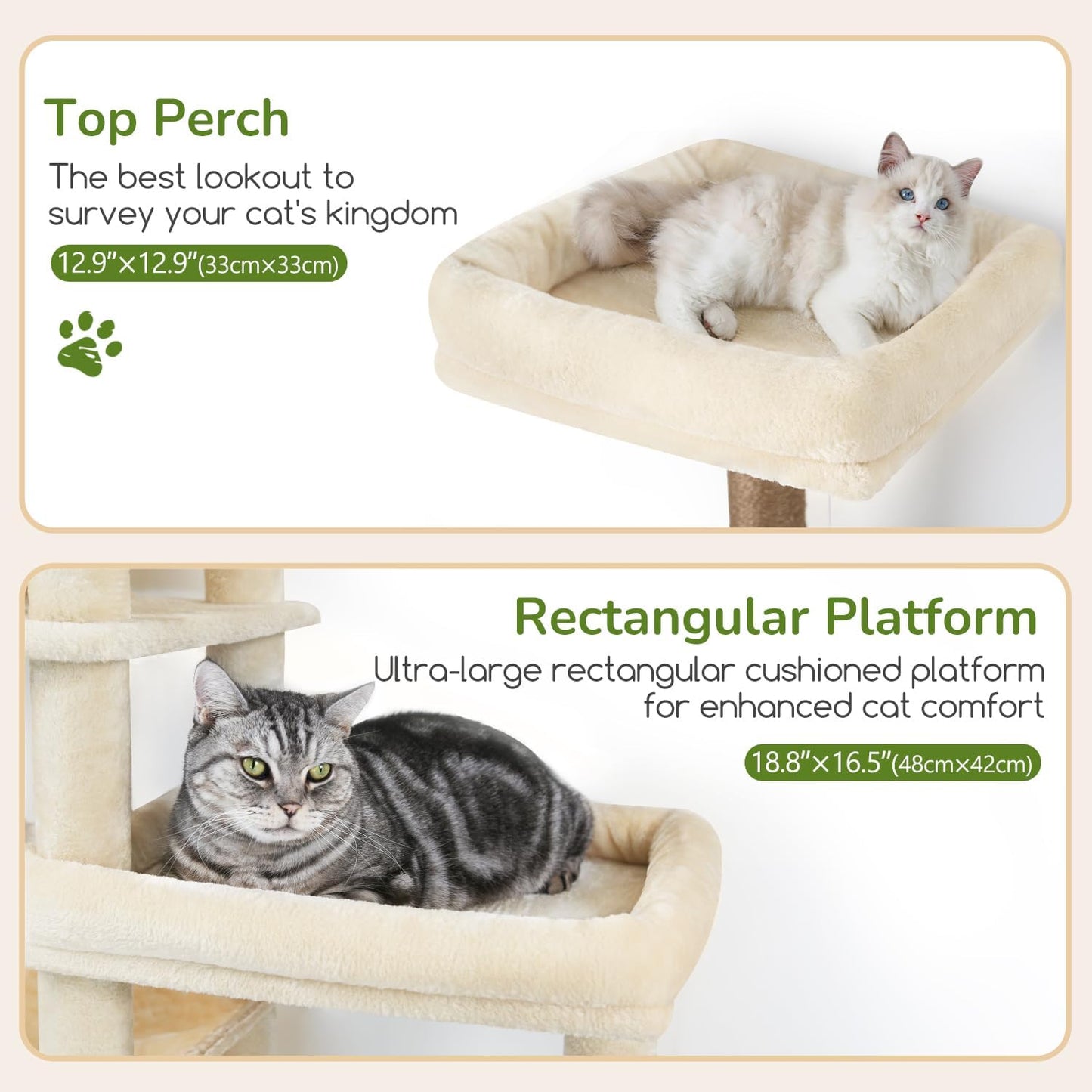 Extra Large Platform Cactus Cat Tree, 65in Sturdy Cat Tree for Multiple Indoor Cats Large Adult, Big Cat Tower with 3 Padded Perches, 6 Scratching Posts, Spacious Condo, Hammock, S65, Green