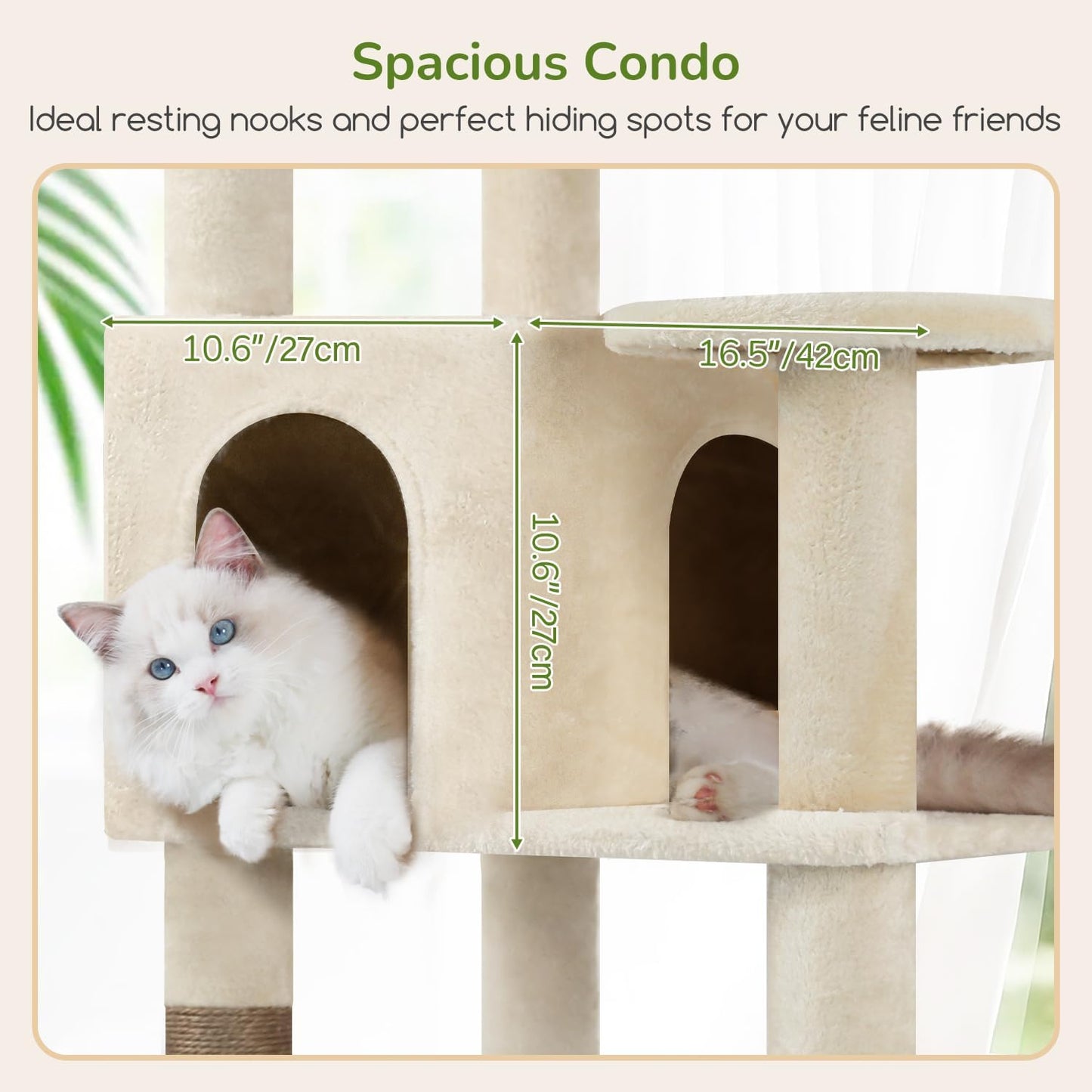 Extra Large Platform Cactus Cat Tree, 65in Sturdy Cat Tree for Multiple Indoor Cats Large Adult, Big Cat Tower with 3 Padded Perches, 6 Scratching Posts, Spacious Condo, Hammock, S65, Green