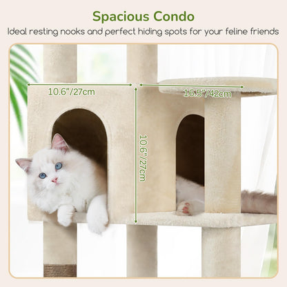Extra Large Platform Cactus Cat Tree, 65in Sturdy Cat Tree for Multiple Indoor Cats Large Adult, Big Cat Tower with 3 Padded Perches, 6 Scratching Posts, Spacious Condo, Hammock, S65, Green