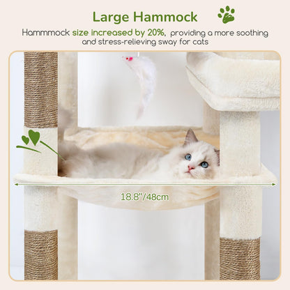 Extra Large Platform Cactus Cat Tree, 65in Sturdy Cat Tree for Multiple Indoor Cats Large Adult, Big Cat Tower with 3 Padded Perches, 6 Scratching Posts, Spacious Condo, Hammock, S65, Green