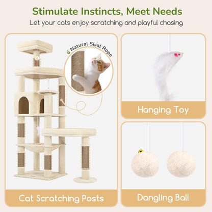 Extra Large Platform Cactus Cat Tree, 65in Sturdy Cat Tree for Multiple Indoor Cats Large Adult, Big Cat Tower with 3 Padded Perches, 6 Scratching Posts, Spacious Condo, Hammock, S65, Green