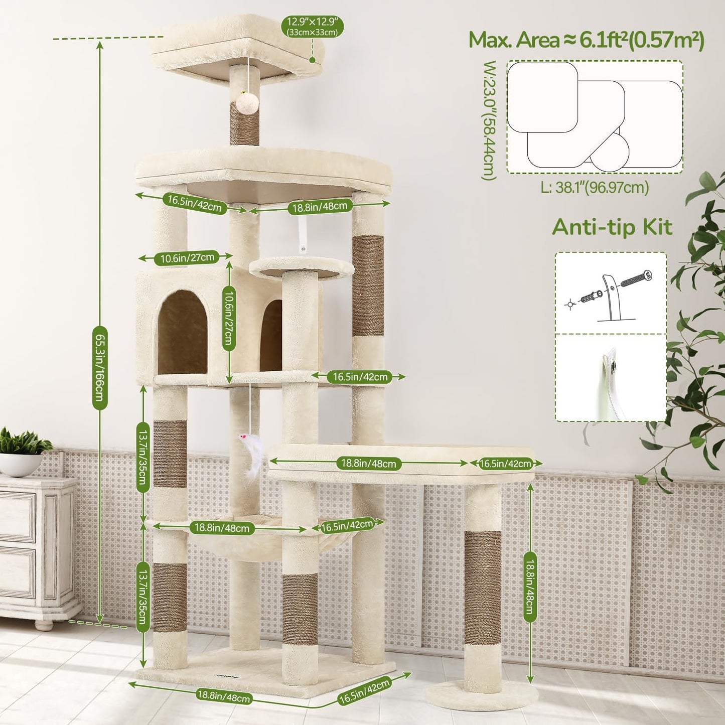Extra Large Platform Cactus Cat Tree, 65in Sturdy Cat Tree for Multiple Indoor Cats Large Adult, Big Cat Tower with 3 Padded Perches, 6 Scratching Posts, Spacious Condo, Hammock, S65, Green