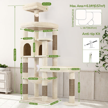 Extra Large Platform Cactus Cat Tree, 65in Sturdy Cat Tree for Multiple Indoor Cats Large Adult, Big Cat Tower with 3 Padded Perches, 6 Scratching Posts, Spacious Condo, Hammock, S65, Green