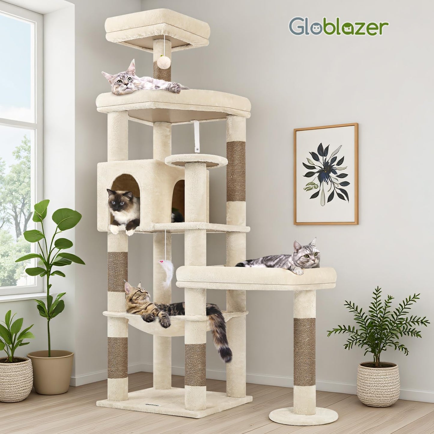 Extra Large Platform Cactus Cat Tree, 65in Sturdy Cat Tree for Multiple Indoor Cats Large Adult, Big Cat Tower with 3 Padded Perches, 6 Scratching Posts, Spacious Condo, Hammock, S65, Green